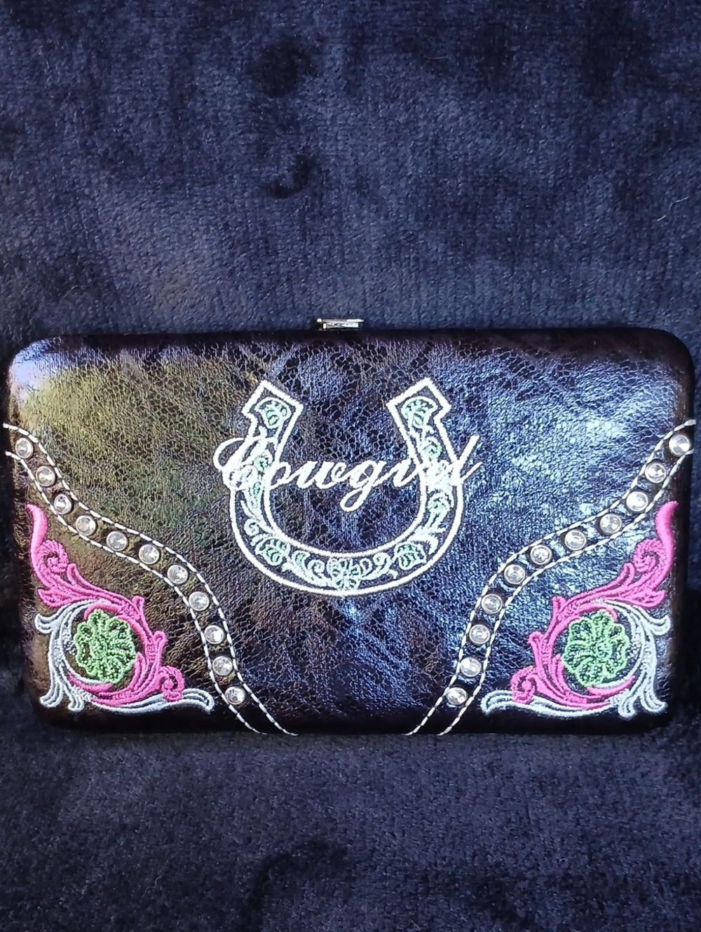 Montana West Black Clutch with Pink & Green Embroidery